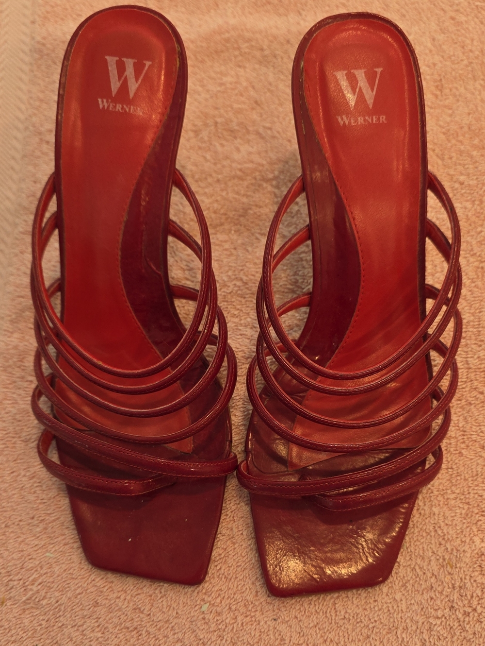 Werner Red Patent Leather Strappy Slide Sandals. Has 6 Straps For A Secure Fit.